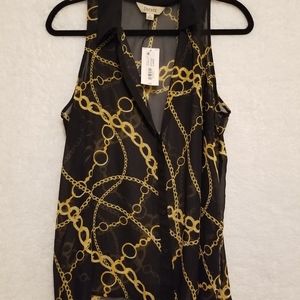 Womans sleeveless, sheer gold jewelry print collared shirt